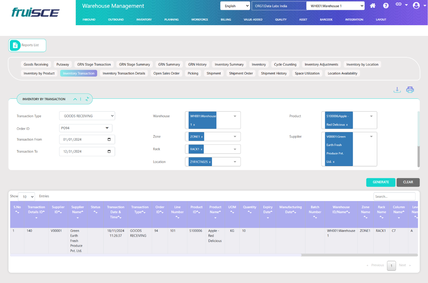 Inventory Transaction Screen