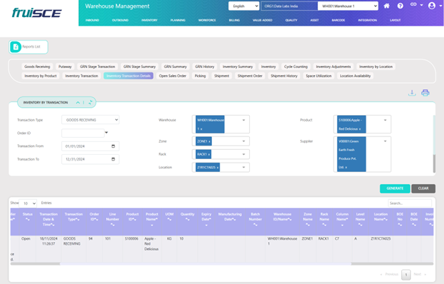 Inventory Transaction Details Screen