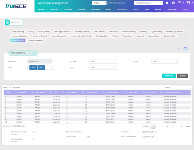 Space Utilization Screen
