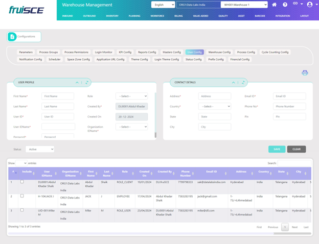 User Configurations Screen