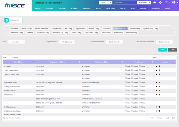 Warehouse Configuration Screen