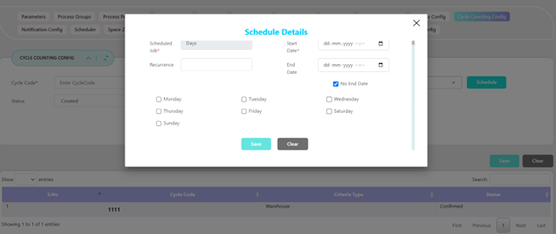 Cycle Counting Configuration Screen