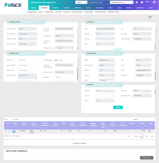 Invoicing Screen