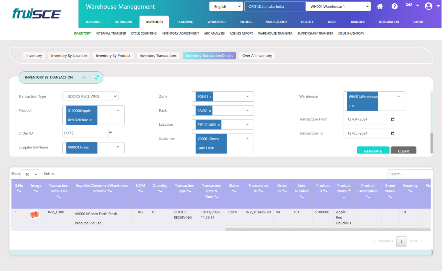 Inventory Transaction Details Screen