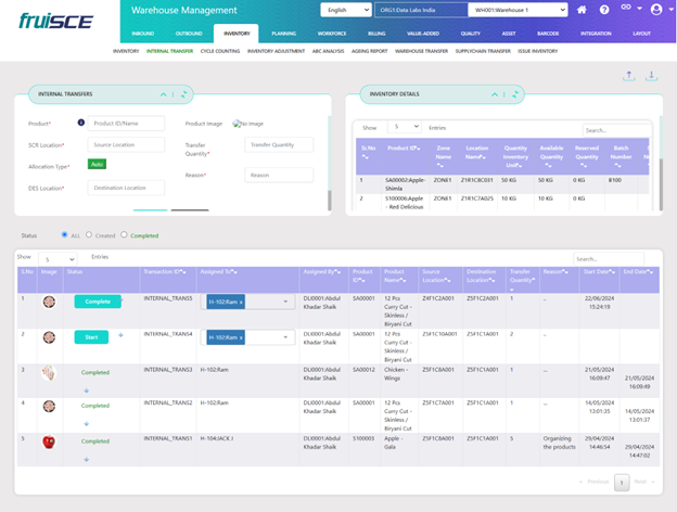 Internal Transfers Screen