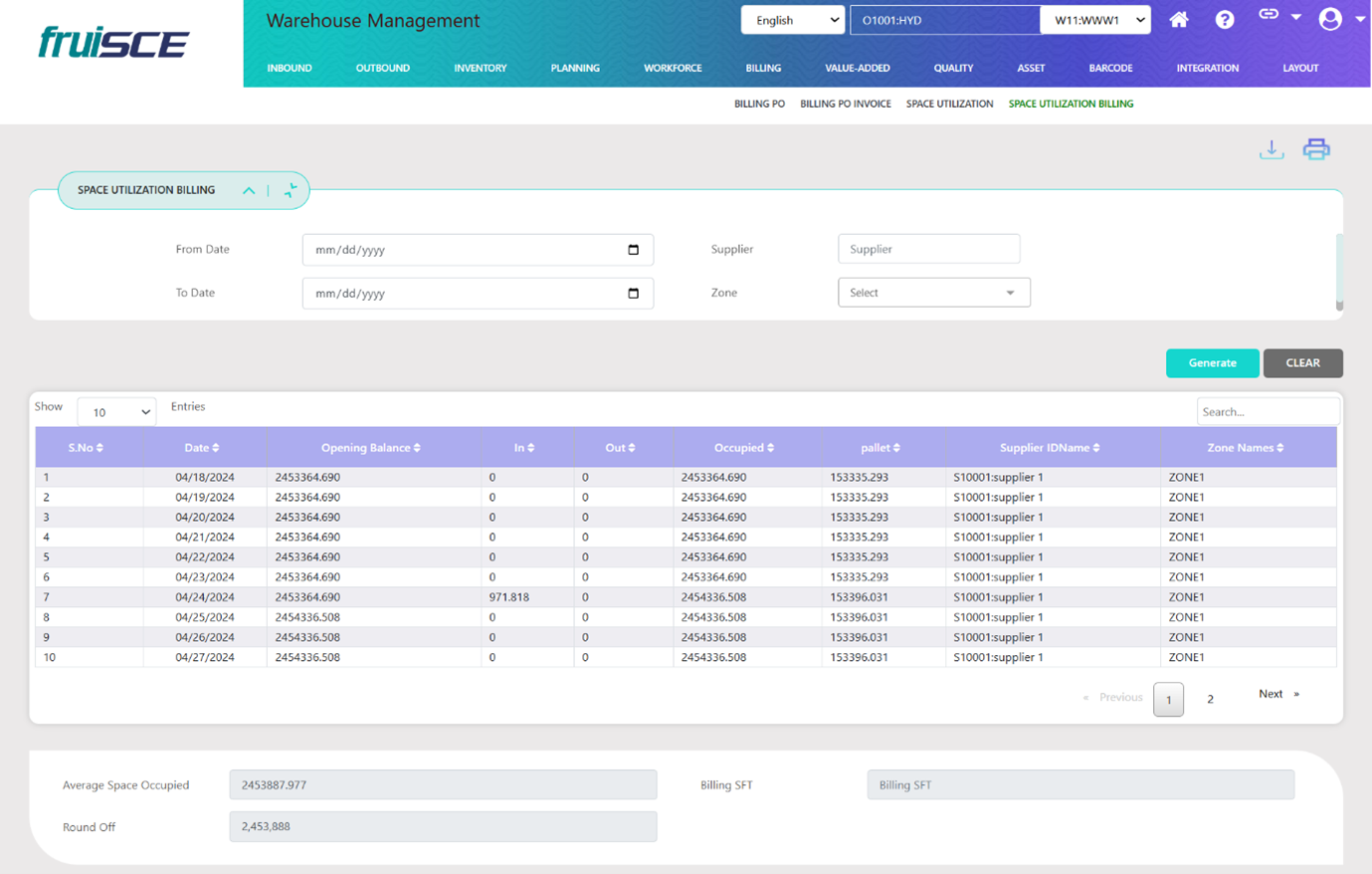 Space Utilization Billing Screen