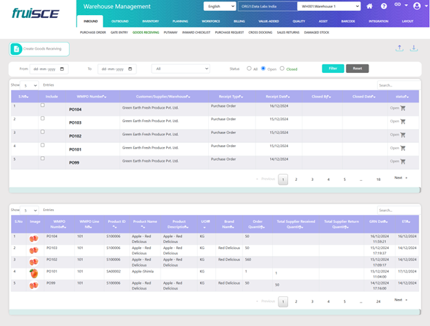 Goods Receiving Screen
