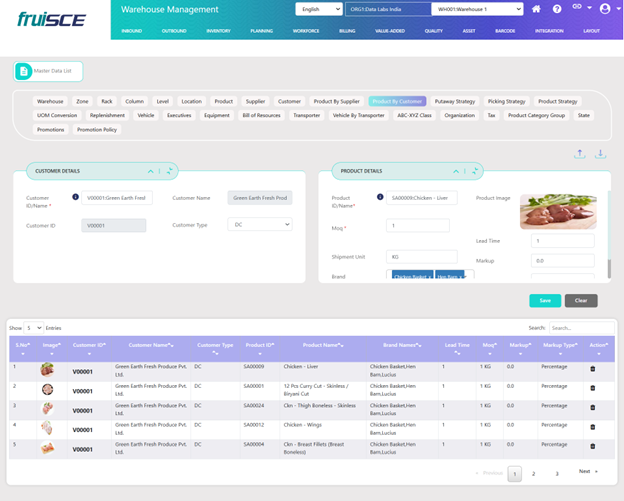 Product by Customer Screen