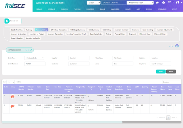 Putaway History Screen