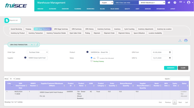 GRN Stage Transaction Screen